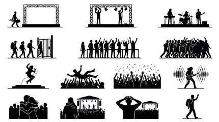 Fototapeta premium Timeline of Festival Energy Silhouettes Sets Packs, Editable Vector Stroke Illustrations. containing silhouette, concert, music, festival, crowd, stage and more Music Festivals silhouettes