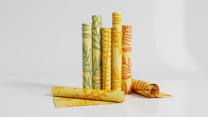 Decorative yellow paper rolls featuring botanical leaf patterns standing upright and lying flat on white background © ABDUL