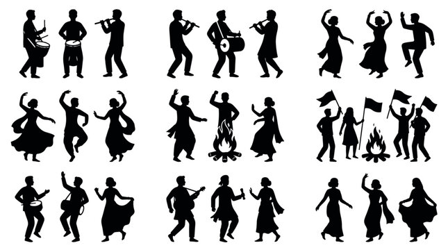 Cultural Folk Music Gathering Silhouettes Sets Packs, Editable Vector Stroke Illustrations. containing silhouette, dance, culture, indian, music, festival, people and more Music Festivals silhouettes