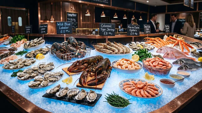 Luxury Seafood Display on Ice with Premium Blue Lighting