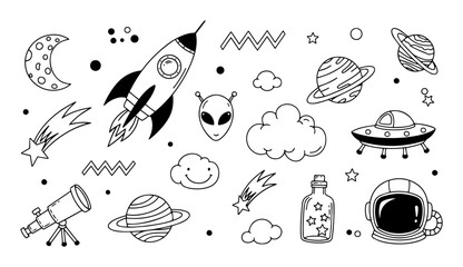 cute hand drawn space theme doodles icon set vector © Aisha Kudorova