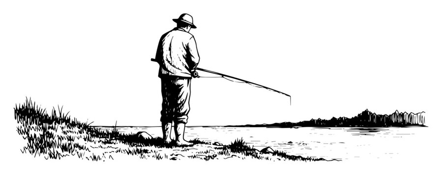 fisherman with fishing rod by the lake sketch vector