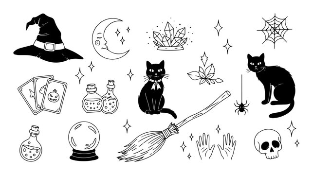 witchcraft and magic doodle icons set vector