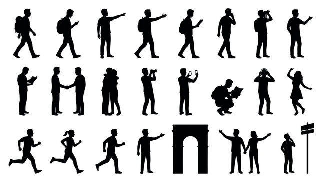 Multi Stage Festival Silhouettes Sets Packs, Editable Vector Stroke Illustrations. containing silhouette, travel, people, tourist, walking, running, backpack and more Music Festivals silhouettes