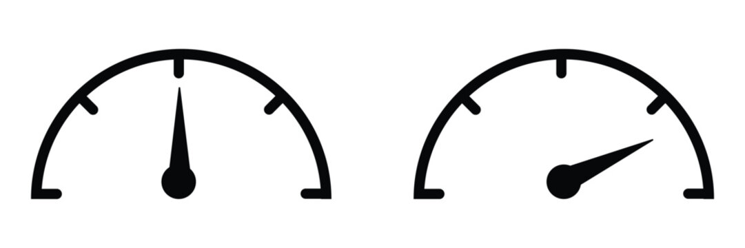 Two black silhouette of speedometers or gauges with needles indicating different levels on a white background representing measurement and performance indicators