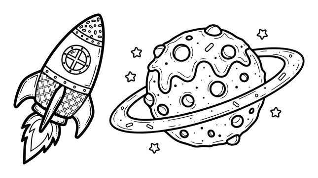 sweet candy planet and rocket ship in space cartoon vector shape black
