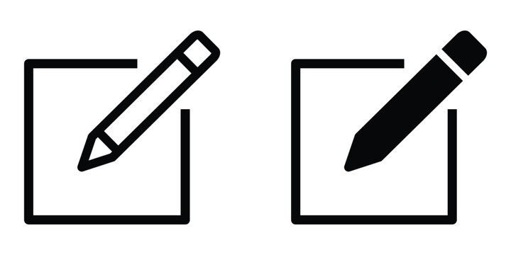 Two simple line are displayed side by side on a white background each depicting a square representing a document or input field with a pencil angled within it signifying the action of writing
