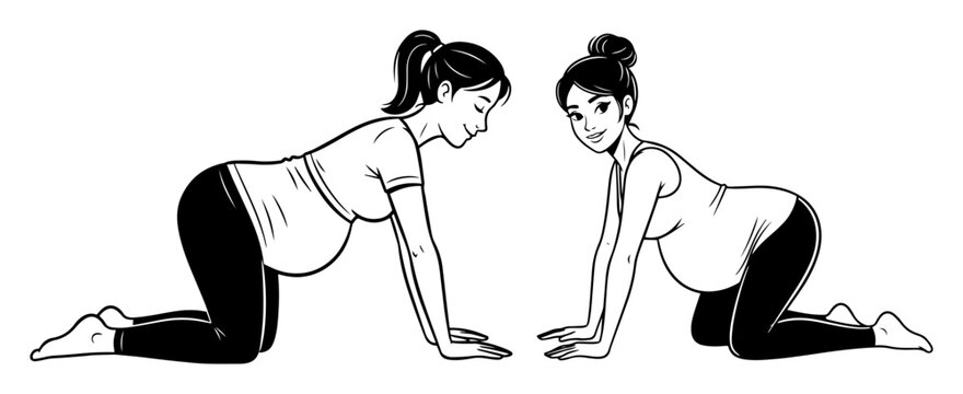two pregnant women doing prenatal yoga exercise vector shape black