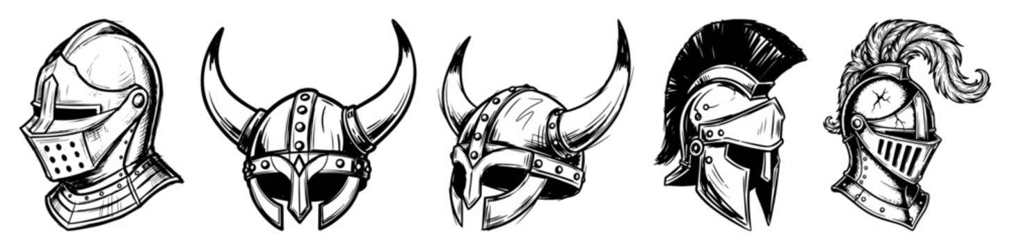 vintage warrior helmets set vector black shape