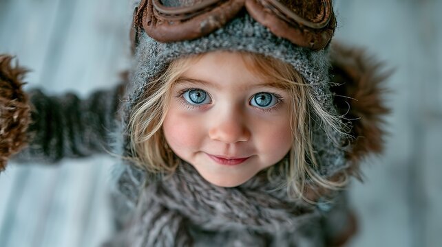 Cute Blonde Toddler with Bright Blue Eyes Wearing Vintage Pilot Goggles and Fuzzy Knit Winter Trapper Hat, Gentle Smile, Cozy Indoor Close-Up Winter Portrait
