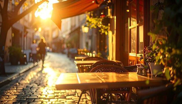 Charming Parisian Cafe Terrace Bathed in Golden Hour Sunlight.