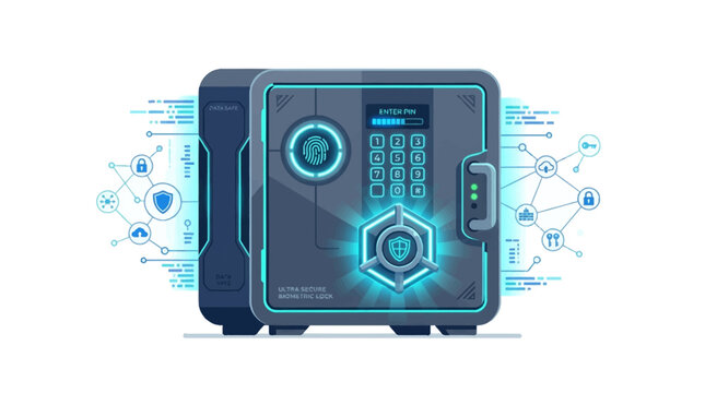 A futuristic digital safe box vector illustration with glowing blue lines and a combination lock on a clean white background with circuit board elements.