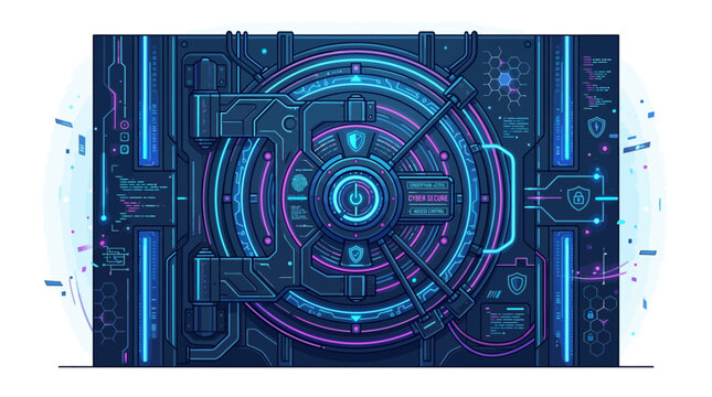 Digital illustration of a futuristic safe box with a combination lock and neon blue and pink accents on a dark background with a metallic sheen.