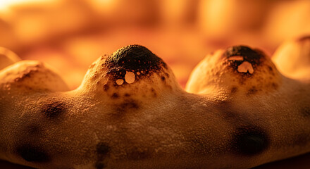 Close-up of a golden-brown pizza crust with charred bubbles, baked in a hot oven.