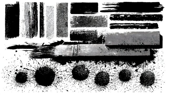 Grunge Black and White Brush Strokes, Ink Splatters, Distressed Rectangular Texture Banners - Artistic Design Assets for Graphic Design, Posters, Digital Art & Print Projects