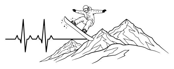 snowboarding heartbeat line over mountains vector illustration © Aisha Kudorova