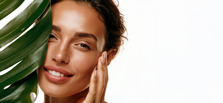 Close-up beauty portrait of smiling woman with clean healthy skin isolated on white background. Concept of skincare, cosmetology, wellness and natural beauty.