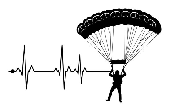 skydiving heartbeat ecg line with parachutist silhouette vector