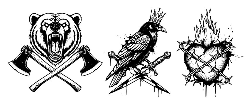 vintage monochrome tattoo set bear raven sacred heart