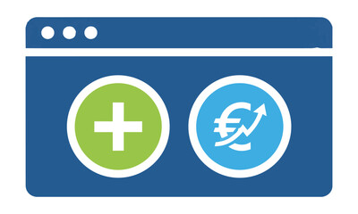 Obraz premium Minimalist financial browser window icon with currency and addition symbols on a solid background for a fintech interface design concept