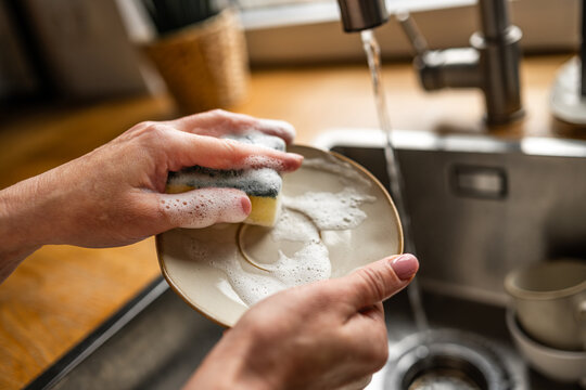Woman Washing Saucer Close-Up Of Hands