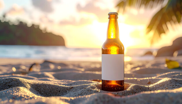 Amber beer bottle with blank label sits on sandy beach at sunset, tropical island background, refreshing drink concept