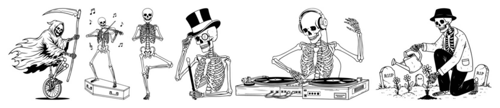 funny dancing and partying skeletons vector set