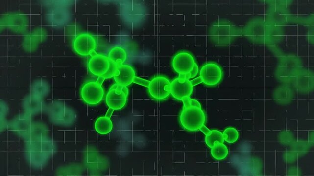 Abstract glowing molecular structure with grid background, representing science and chemistry in digital art