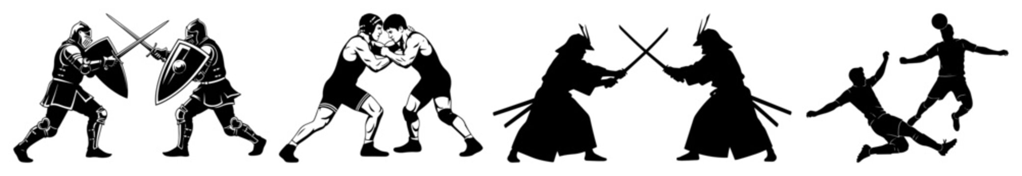 fighter silhouettes set knight samurai wrestler vector