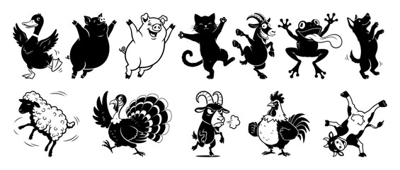funny dancing farm animals silhouette set vector © Aisha Kudorova