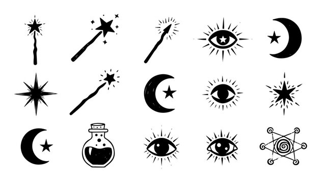 mystical magic doodle icons set vector