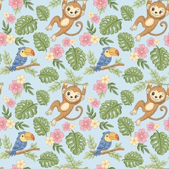 Fototapeta premium Colorful illustration featuring playful monkeys and toucans among tropical leaves and flowers on a light blue background, ideal for children's decor or fabric design
