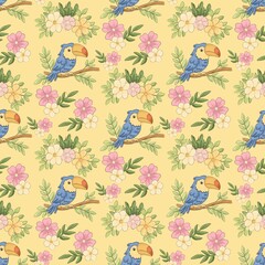 Fototapeta premium Vibrant pattern with blue toucans and pink flowers against a light yellow backdrop, suitable for various design applications including textiles and wallpapers