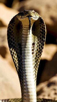 Closeup of king cobra head and hood in sunlight