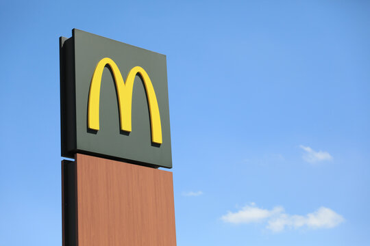 Lodz, Poland - May 10, 2026: Perspective view of sign of McDonald's fast food restaurant