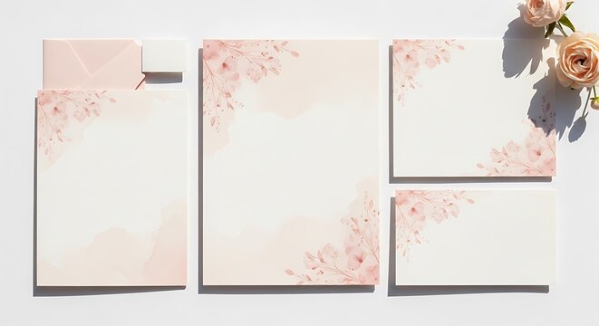 Blank stationery paper cards with floral pattern and fresh roses for wedding invitation or greeting. serienbrief