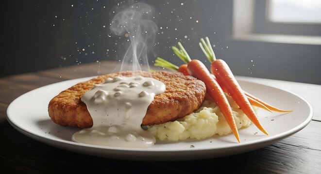 Crispy chicken fried steak with white gravy mashed potatoes and carrots