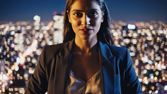 Confident businesswoman looking forward with bokeh city lights background at night