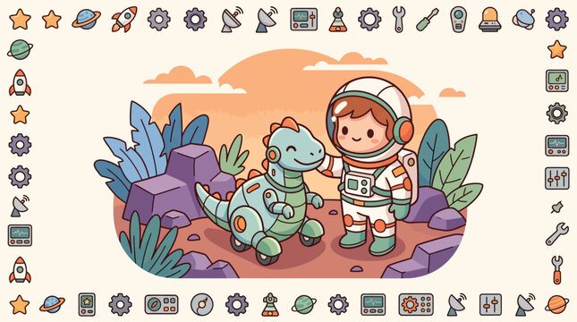 Flat vector illustration of a cute chibi astronaut boy in a white spacesuit petting a robot dinosaur on an alien planet surface with stars and space icons border frame.