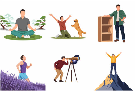 Vector Illustration Set of Men Participating in Different Hobbies and Lifestyle Activities