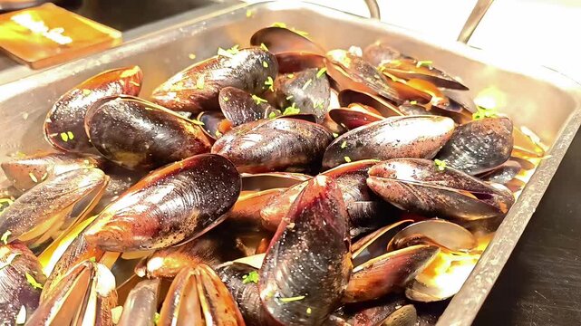Steaming mussels in white wine, Belgium Seafood Dish, Mollusk Fish Dinner, Shellfish Cooking, Closeup Shot