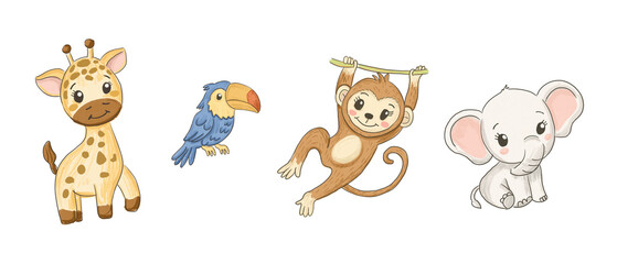 Fototapeta premium Cartoon illustration of a giraffe, toucan, monkey hanging from a branch, and a cute elephant, all designed in a playful and colorful style for children's content