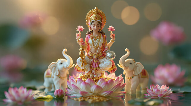Beautiful figurine of Hindu goddess Lakshmi with gold coins on a pink lotus flower, flanked by two white elephants in a sacred pond with soft bokeh background