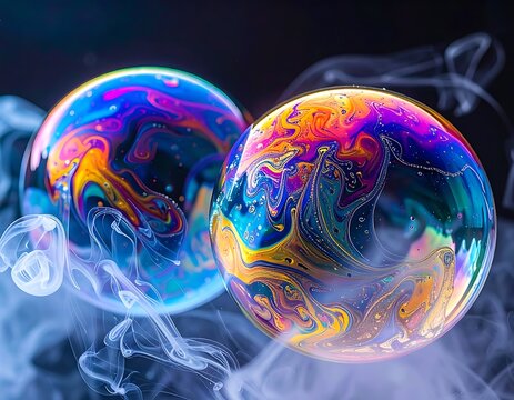 Vibrant iridescent bubbles floating freely.
