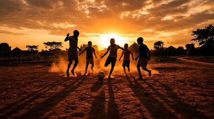 Children playing soccer on a dirt field at sunset in Africa village