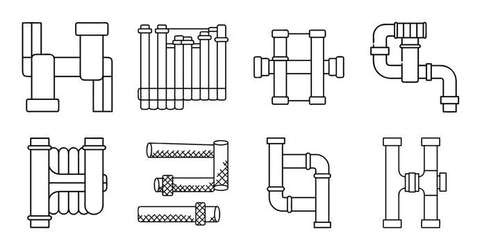 Isometric plumbing pipe fixtures set - Collection of clean isometric vector icons showing various plumbing pipe fixtures and fittings in a simple style.