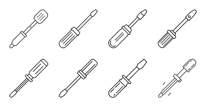 Set of screwdriver tools in flat design style - Minimalist vector icons of different screwdriver types for design or technical illustrations.