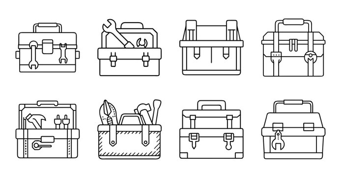 Illustrated toolboxes with various tools inside - Set of colorful vector toolboxes open and closed, showing different tools like wrenches, hammers, and screwdrivers.
