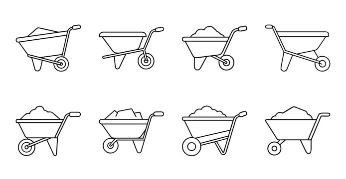 Eight simple wheelbarrow icons in different styles - A collection of eight minimalist wheelbarrow icons with varied designs, perfect for web and print projects.