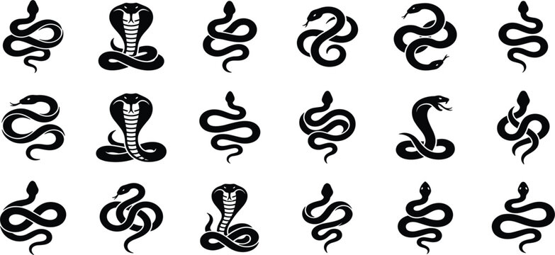 Black Snake and Cobra Silhouette Icon Set with Reptile Symbols, Serpent Shapes, Wildlife Tattoo Designs, and Mystical Animal Illustrations